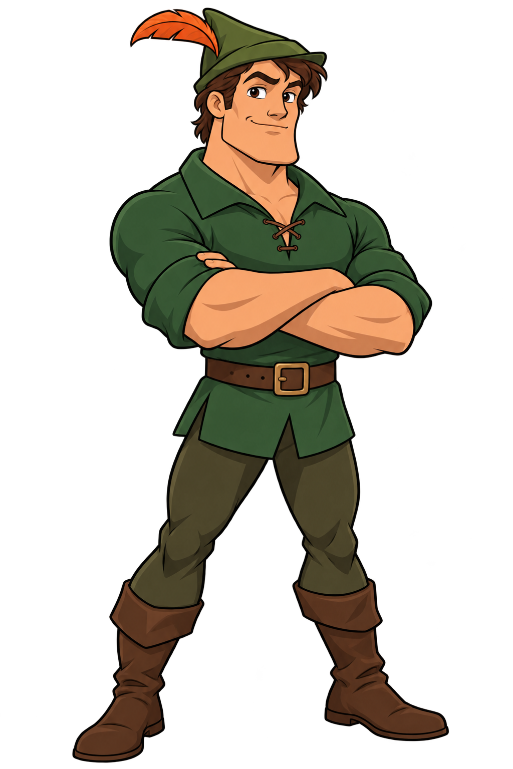Full-body portrait of Robin the Chad standing with arms crossed, radiating calm confidence