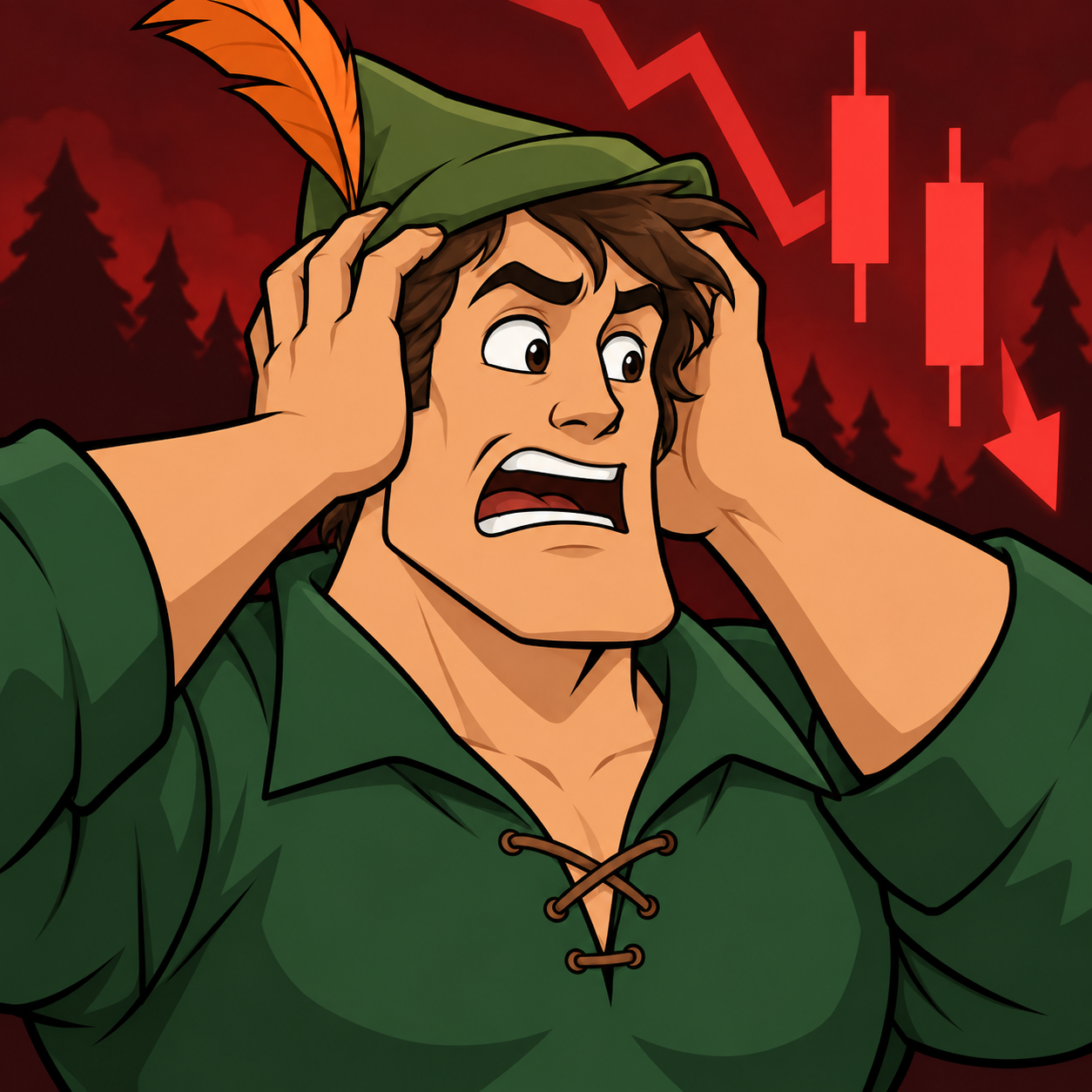 Robin the Chad clutching his hat in panic in front of a falling red candlestick chart