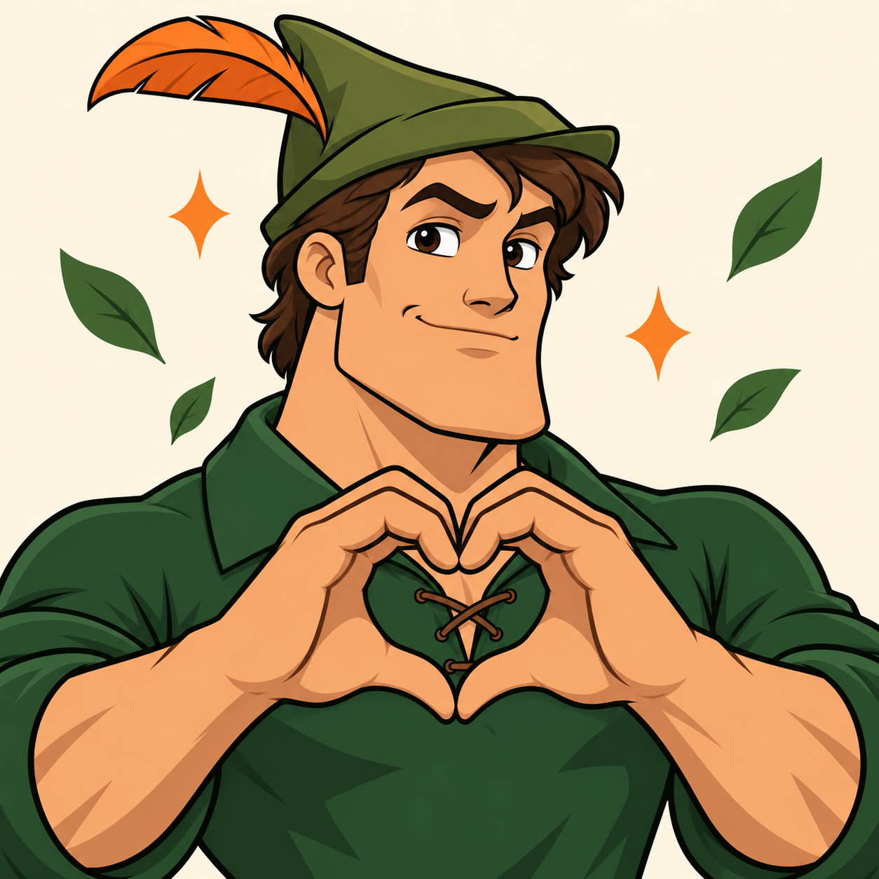 Robin the Chad making a heart shape with his hands, surrounded by sparkles and leaves
