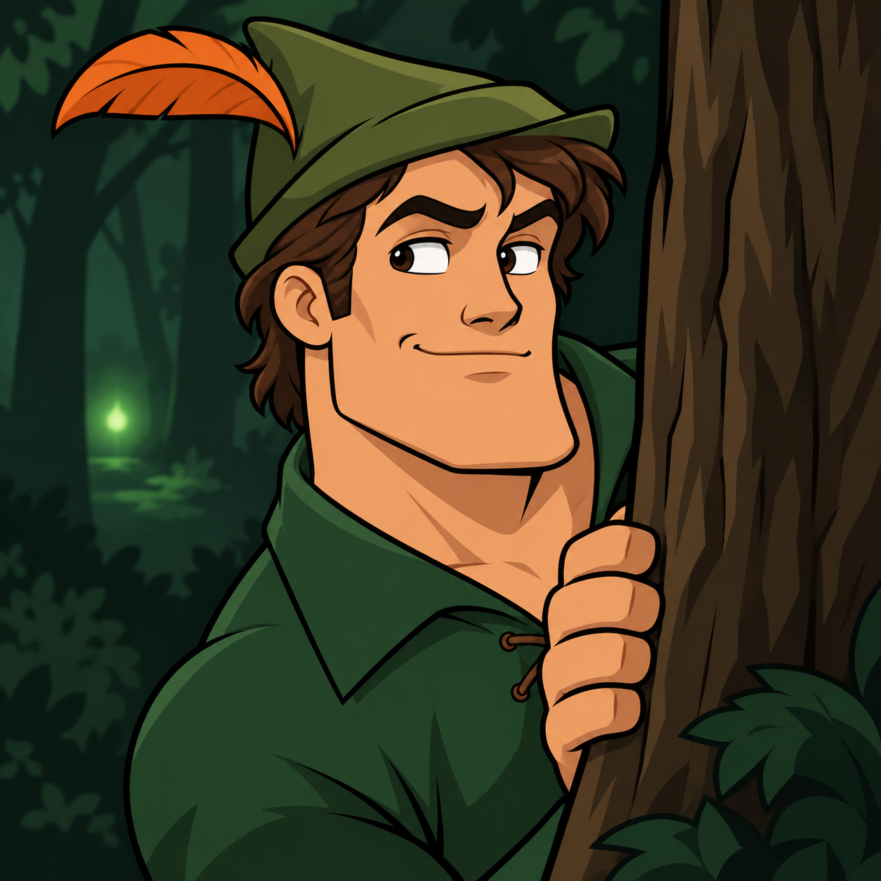 Robin the Chad peeking around a tree trunk with a knowing side-eye smirk