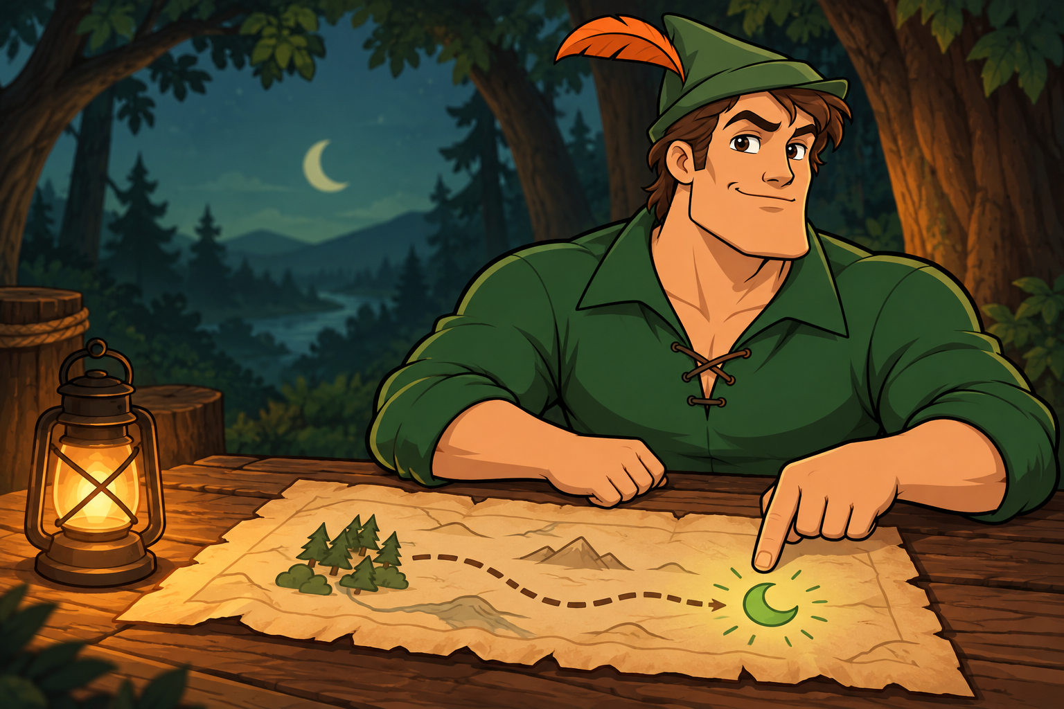 Robin the Chad leaning over a lantern-lit wooden table, tracing a dotted route across an old Sherwood map