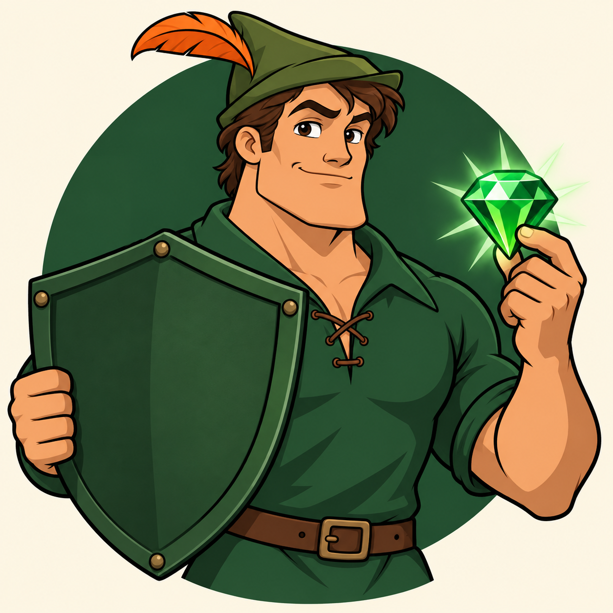 Robin the Chad holding a green shield in one hand and a glowing green diamond in the other