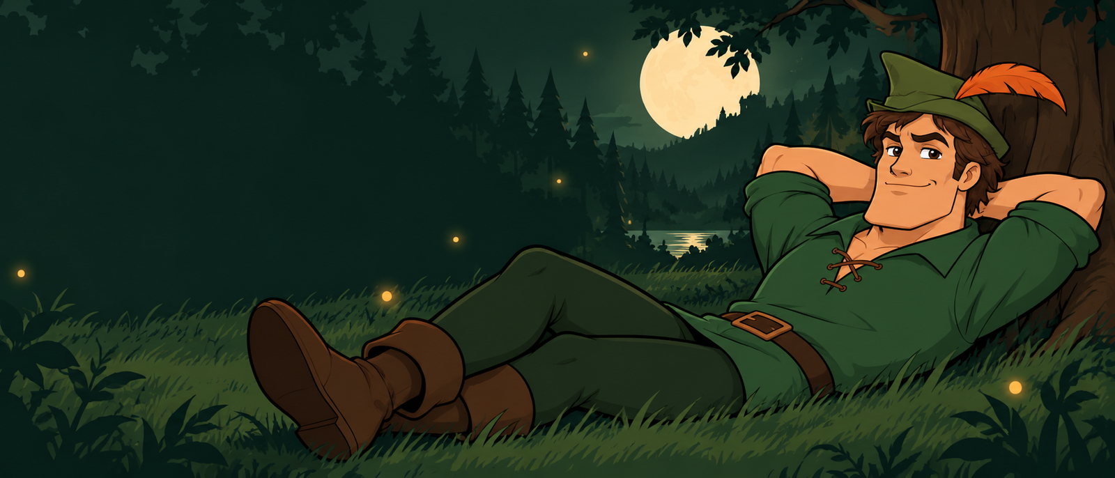 Robin the Chad resting peacefully against a tree under the full moon, completely unbothered